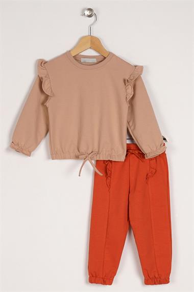 Bisiklet Yaka Uzun Kol Pantolonu Dikiş Detaylı Bej Renk Kız Çocuk Esofman Takım