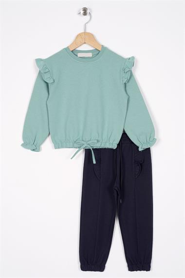 Bisiklet Yaka Uzun Kol Pantolonu Dikiş Detaylı Cagla Lacivert Renk Kız Çocuk Esofman Takım