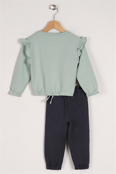 Bisiklet Yaka Uzun Kol Pantolonu Dikiş Detaylı Mint Füme Renk Kız Çocuk Esofman Takım