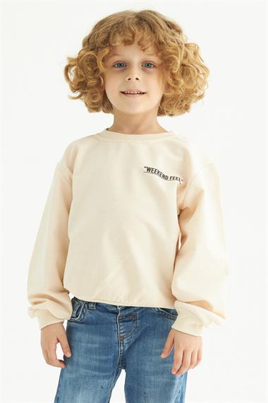 Bisiklet Yaka Uzun Kol Weekend Feel Baskılı Bej Renk Erkek Çocuk Sweatshirt