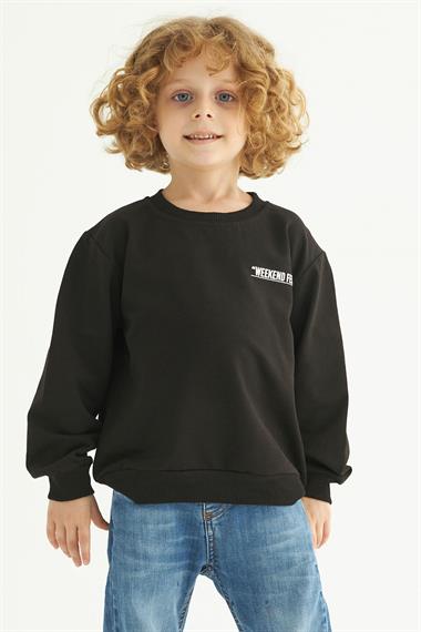 Bisiklet Yaka Uzun Kol Weekend Feel Baskılı Siyah Renk Erkek Çocuk Sweatshirt