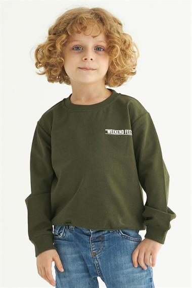 Bisiklet Yaka Uzun Kol Weekend Feel Baskılı Haki Renk Erkek Çocuk Sweatshirt