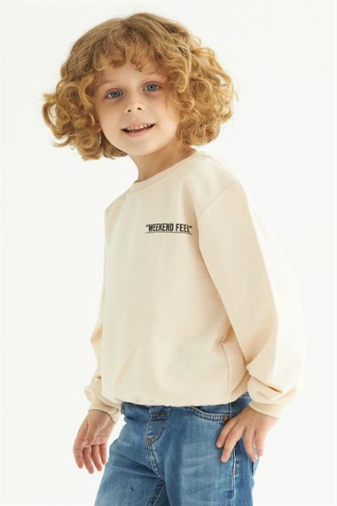 Bisiklet Yaka Uzun Kol Weekend Feel Baskılı Bej Renk Erkek Çocuk Sweatshirt
