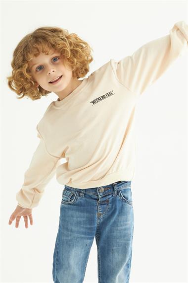 Bisiklet Yaka Uzun Kol Weekend Feel Baskılı Bej Renk Erkek Çocuk Sweatshirt