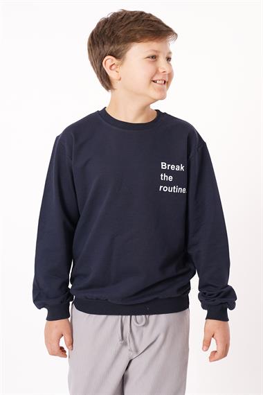 Bisiklet Yaka Uzun Kol Yazı Baskılı Lacivert Renk Erkek Çocuk Sweatshirt
