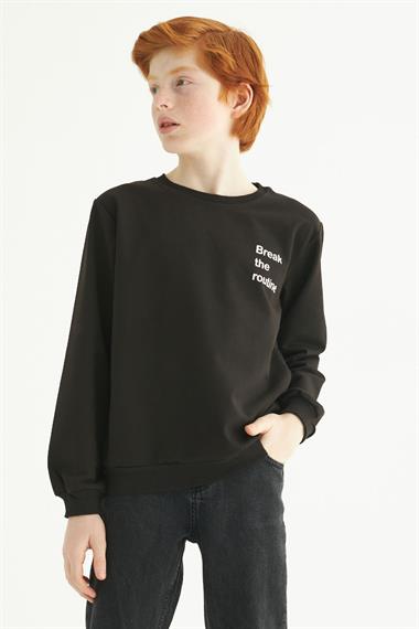 Bisiklet Yaka Uzun Kol Yazı Baskılı Siyah Renk Erkek Çocuk Sweatshirt