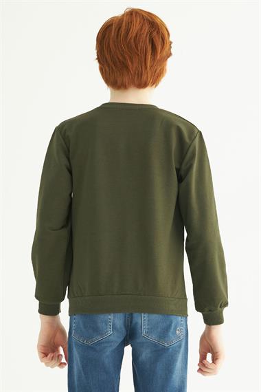 Bisiklet Yaka Uzun Kol Yazı Baskılı Haki Renk Erkek Çocuk Sweatshirt