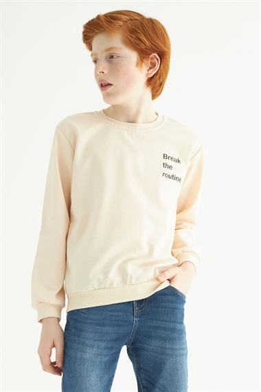 Bisiklet Yaka Uzun Kol Yazı Baskılı Bej Renk Erkek Çocuk Sweatshirt