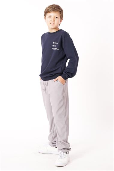 Bisiklet Yaka Uzun Kol Yazı Baskılı Lacivert Renk Erkek Çocuk Sweatshirt