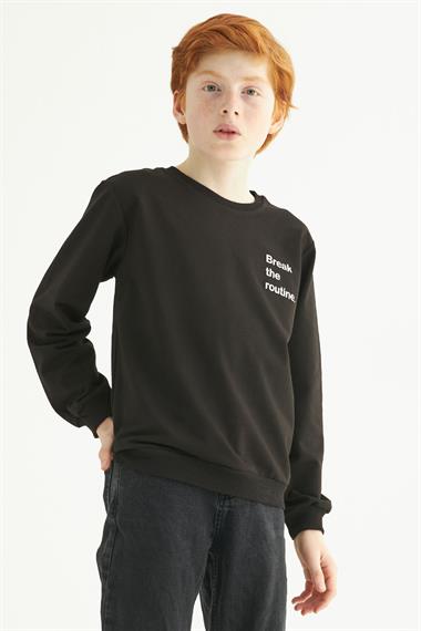 Bisiklet Yaka Uzun Kol Yazı Baskılı Siyah Renk Erkek Çocuk Sweatshirt