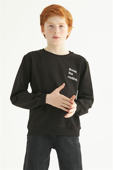 Bisiklet Yaka Uzun Kol Yazı Baskılı Siyah Renk Erkek Çocuk Sweatshirt