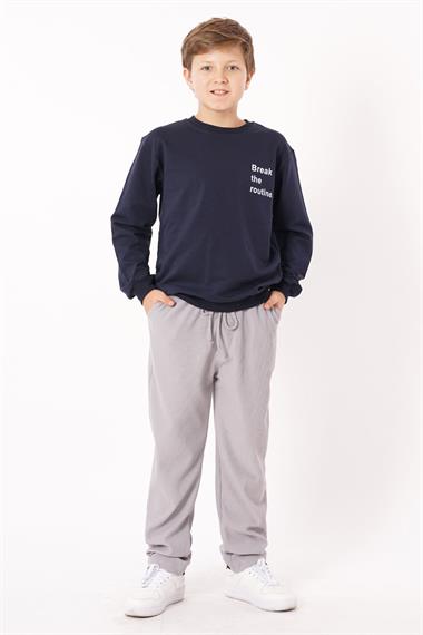 Bisiklet Yaka Uzun Kol Yazı Baskılı Lacivert Renk Erkek Çocuk Sweatshirt