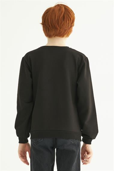 Bisiklet Yaka Uzun Kol Yazı Baskılı Siyah Renk Erkek Çocuk Sweatshirt