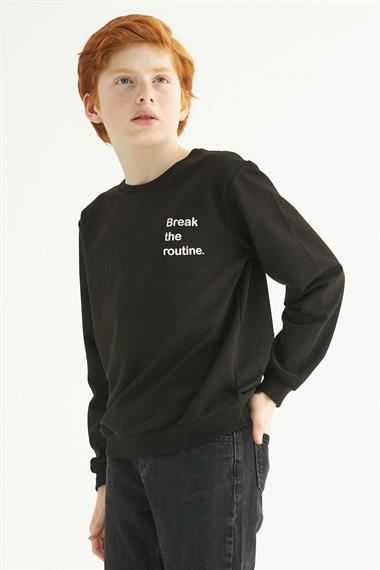 Bisiklet Yaka Uzun Kol Yazı Baskılı Siyah Renk Erkek Çocuk Sweatshirt