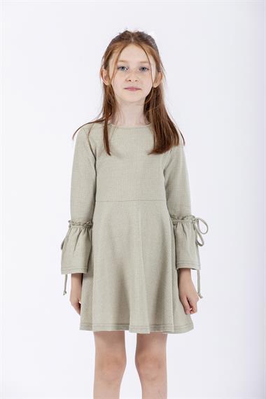 Bisiklet Yaka Uzun Kol Yeşil Renk Kız Çocuk Elbıse