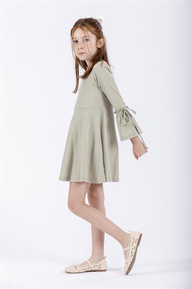 Bisiklet Yaka Uzun Kol Yeşil Renk Kız Çocuk Elbıse