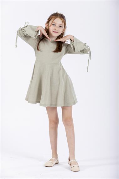 Bisiklet Yaka Uzun Kol Yeşil Renk Kız Çocuk Elbıse