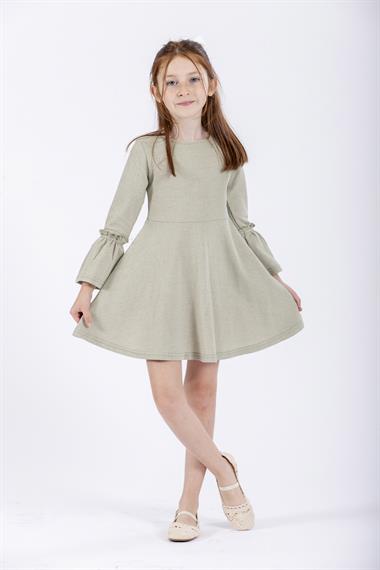 Bisiklet Yaka Uzun Kol Yeşil Renk Kız Çocuk Elbıse