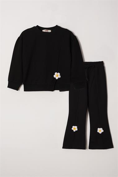 Bisiklet Yaka Uzun Kol Yırtmacta Papatya Detaylı Uzun Kollu Siyah Renk Kız Çocuk Esofman Takım
