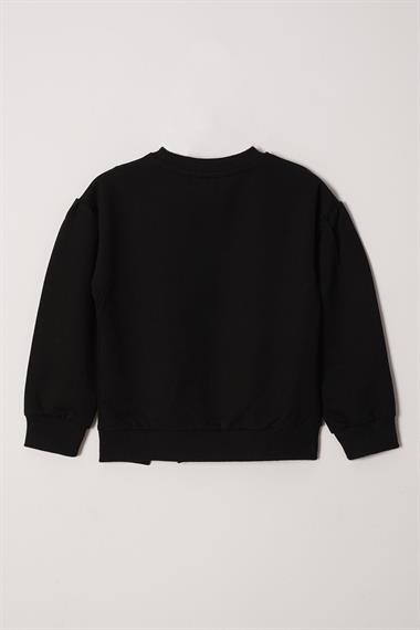 Bisiklet Yaka Uzun Kol Yırtmacta Papatya Detaylı Uzun Kollu Siyah Renk Kız Çocuk Esofman Takım