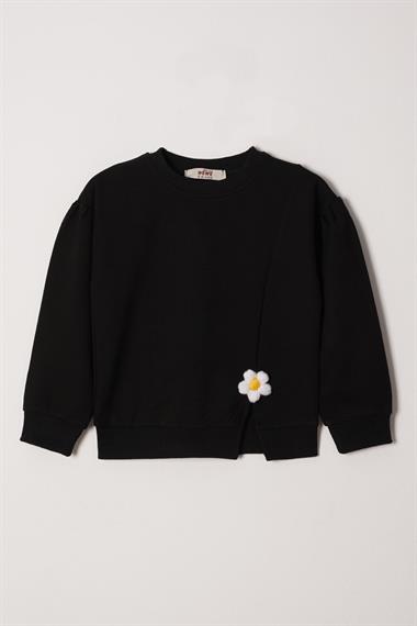 Bisiklet Yaka Uzun Kol Yırtmacta Papatya Detaylı Uzun Kollu Siyah Renk Kız Çocuk Esofman Takım