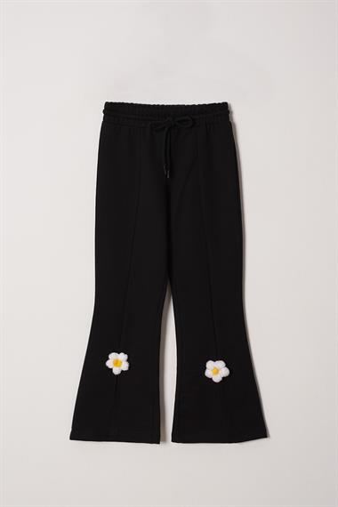 Bisiklet Yaka Uzun Kol Yırtmacta Papatya Detaylı Uzun Kollu Siyah Renk Kız Çocuk Esofman Takım