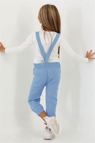 Askılı Düğmeli Önü Ayıcıklı Bebe Mavisi Renk Kız Çocuk Salopet