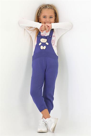 Askılı Düğmeli Önü Ayıcıklı Lacivert Renk Kız Çocuk Salopet