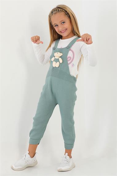 Askılı Düğmeli Önü Ayıcıklı Çağla Yeşil Renk Kız Çocuk Salopet