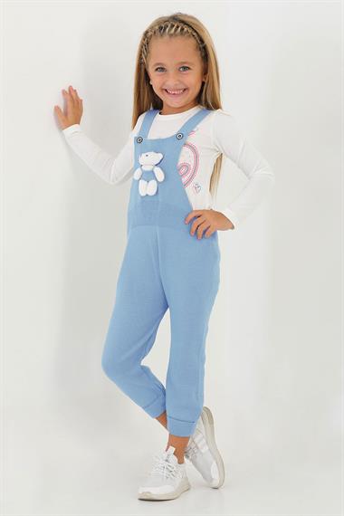 Askılı Düğmeli Önü Ayıcıklı Bebe Mavisi Renk Kız Çocuk Salopet