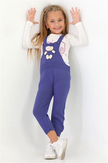 Askılı Düğmeli Önü Ayıcıklı Lacivert Renk Kız Çocuk Salopet