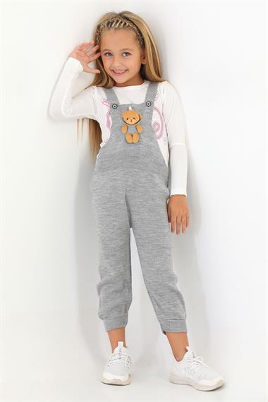 Askılı Düğmeli Önü Ayıcıklı Gri Renk Kız Çocuk Salopet