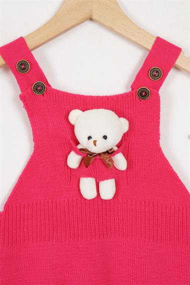 Askılı Düğmeli Önü Ayıcıklı Fuşya Renk Kız Çocuk Salopet