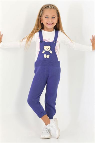 Askılı Düğmeli Önü Ayıcıklı Lacivert Renk Kız Çocuk Salopet