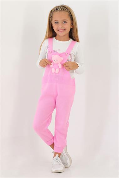 Askılı Düğmeli Önü Ayıcıklı Pembe Renk Kız Çocuk Salopet