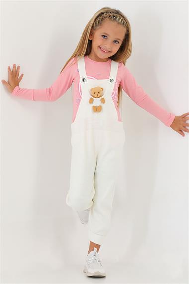 Askılı Düğmeli Önü Ayıcıklı Ekru Renk Kız Çocuk Salopet