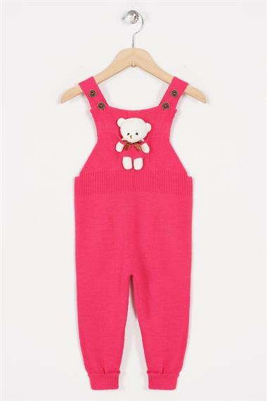 Askılı Düğmeli Önü Ayıcıklı Fuşya Renk Kız Çocuk Salopet