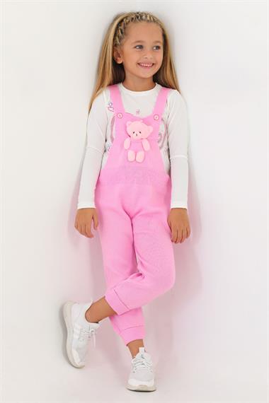 Askılı Düğmeli Önü Ayıcıklı Pembe Renk Kız Çocuk Salopet