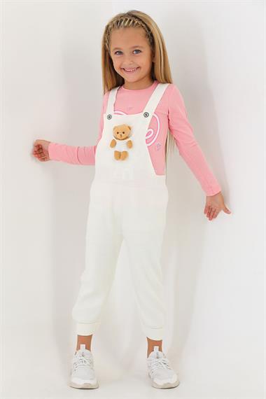 Askılı Düğmeli Önü Ayıcıklı Ekru Renk Kız Çocuk Salopet