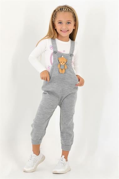 Askılı Düğmeli Önü Ayıcıklı Gri Renk Kız Çocuk Salopet