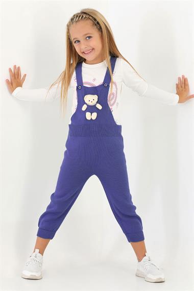 Askılı Düğmeli Önü Ayıcıklı Lacivert Renk Kız Çocuk Salopet