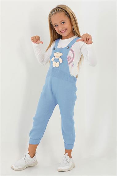 Askılı Düğmeli Önü Ayıcıklı Bebe Mavisi Renk Kız Çocuk Salopet