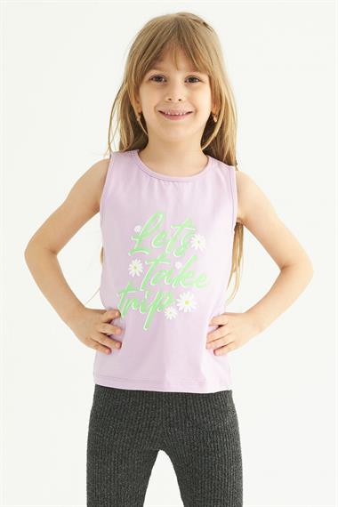 Bisiklet Yaka Sıfır Kol Baskılı Lila Renk Kız Çocuk Tshirt
