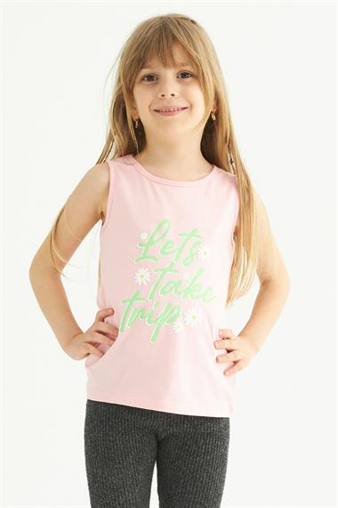 Bisiklet Yaka Sıfır Kol Baskılı Pembe Renk Kız Çocuk Tshirt