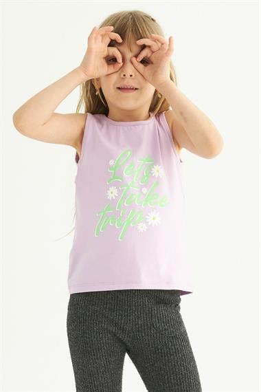 Bisiklet Yaka Sıfır Kol Baskılı Lila Renk Kız Çocuk Tshirt