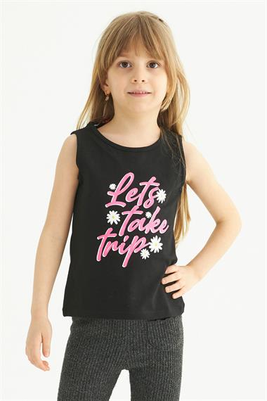 Bisiklet Yaka Sıfır Kol Baskılı Siyah Renk Kız Çocuk Tshirt