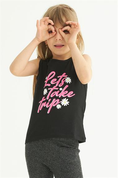 Bisiklet Yaka Sıfır Kol Baskılı Siyah Renk Kız Çocuk Tshirt