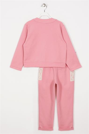 Bisiklet Yaka Uzun Kol Dantel Cep Detaylı Koyu Pembe Renk Kız Çocuk İkili Takım