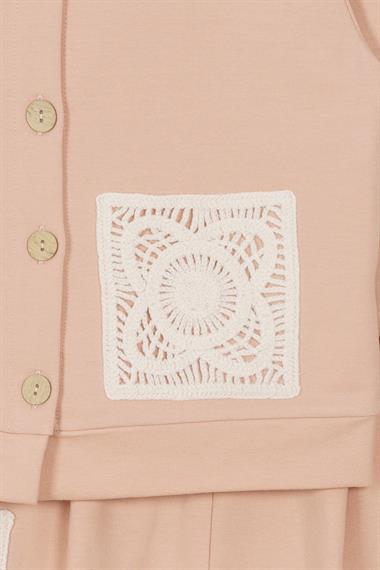 Bisiklet Yaka Uzun Kol Dantel Cep Detaylı Bej Renk Kız Çocuk İkili Takım