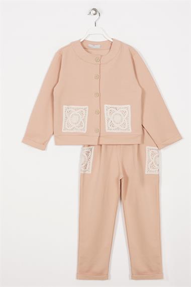 Bisiklet Yaka Uzun Kol Dantel Cep Detaylı Bej Renk Kız Çocuk İkili Takım